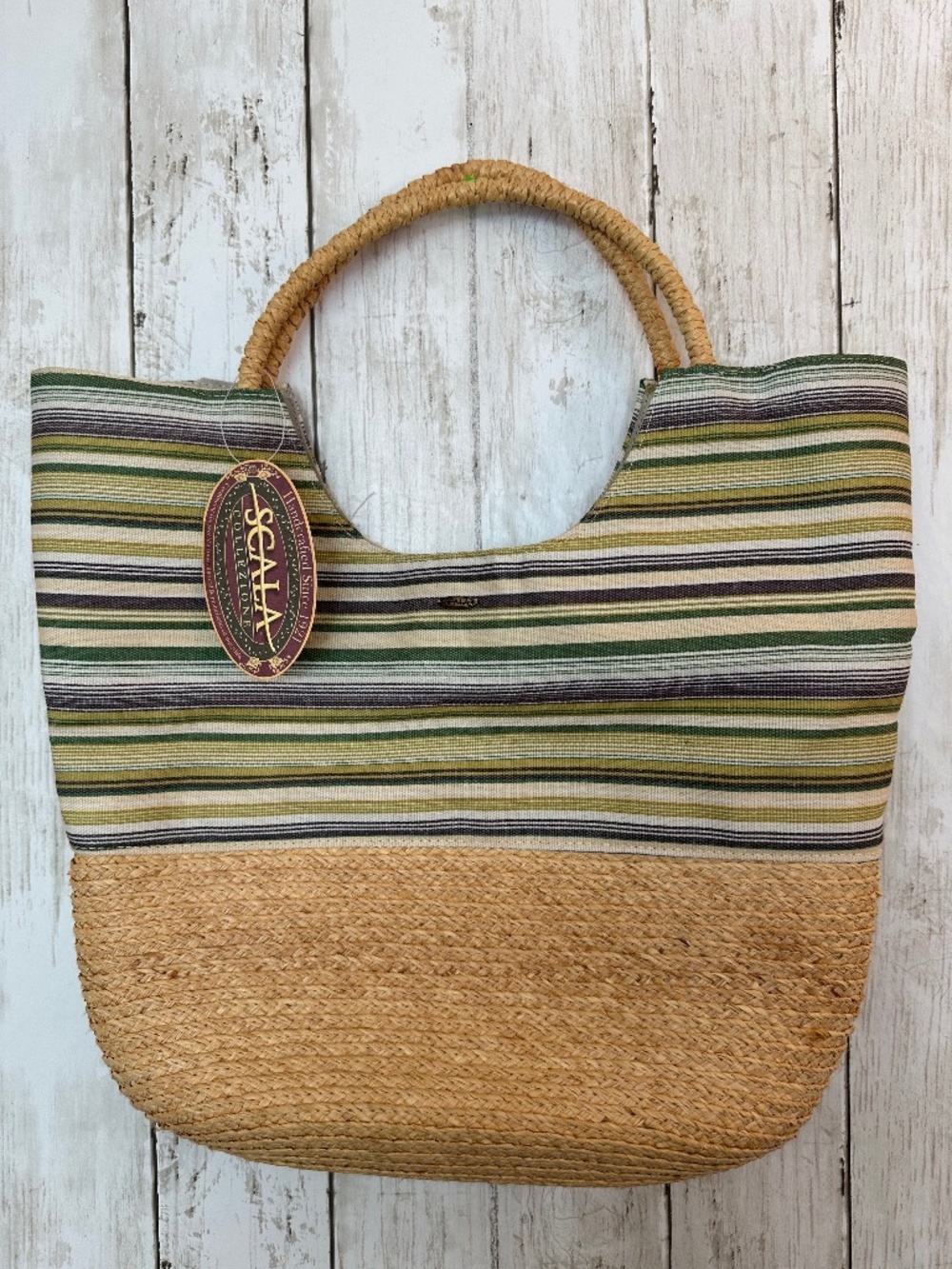 NEW Scala Collezione Tote Bag Straw and Fabric Striped Beach Pool Summer Trips